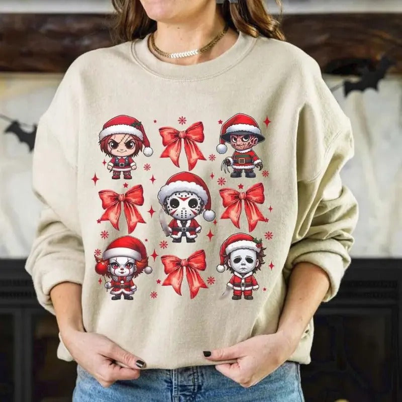Christmas Coquette Bow Horror Characters Shirt, Merry Creepmas Shirt, Horror Christmas Shirt, Funny Christmas Sweatshirt,...