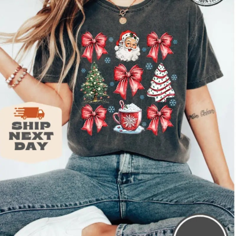 Christmas Coquette Bow Shirt, Woman Xmas Shirt, Christmas Girl Sweatshirt, Cute Winter Crewneck, Retro Holiday, Merry...