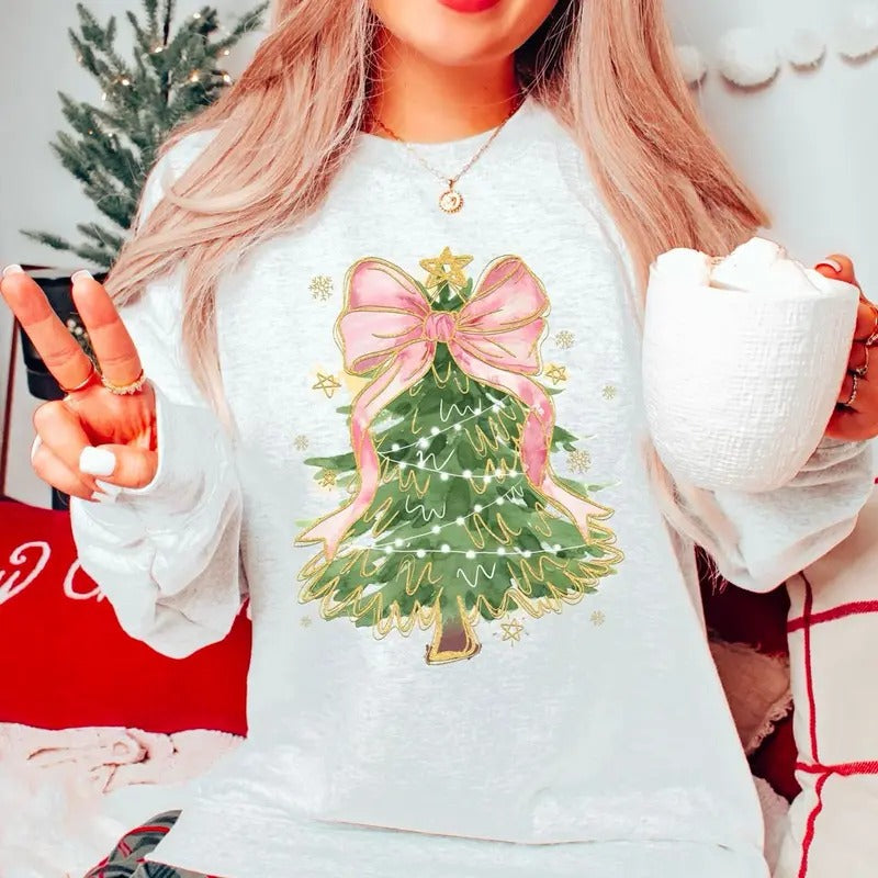 Christmas Coquette Bow Sweatshirt, Christmas Tree Bow Shirt, Girly Christmas Sweatshirt, Cute Winter Crewneck, Retro...