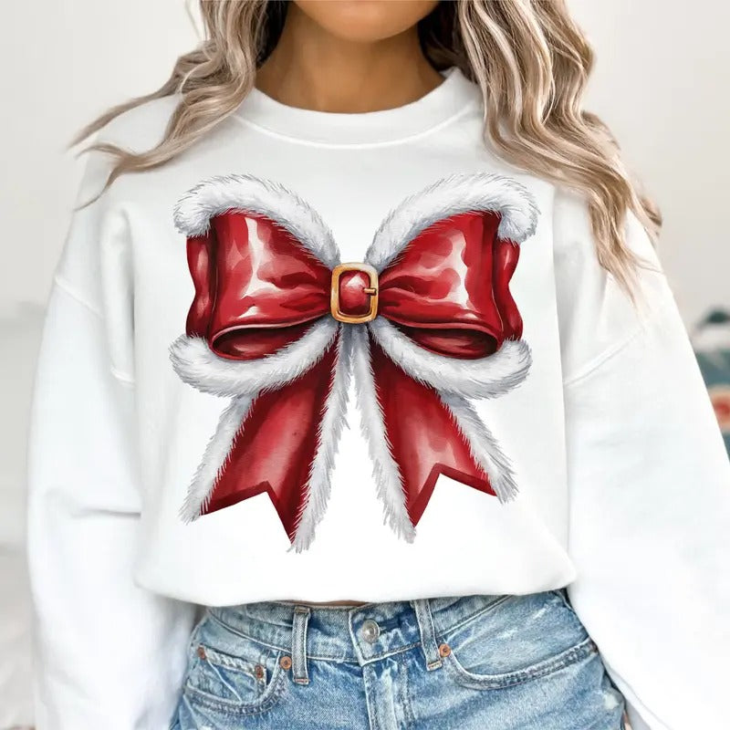 Christmas Coquette Bow Sweatshirt, Santa Bow Shirt, Christmas Perfect Gift, Soft Girl Era Shirt, Coquette shirt, Cotton...