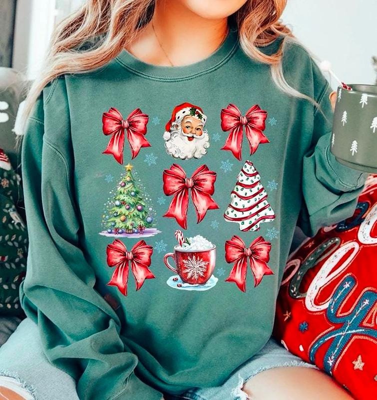 Christmas Coquette Bow Sweatshirt, Woman Xmas Shirt, Christmas Girl Sweatshirt, Cute Winter Crewneck, Retro Santa Shirt,...