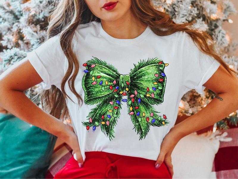 Christmas Coquette Bow T-Shirt, Cute Christmas Shirt, Christmas Gifts Tee, Christmas Party Tee, X-mas Lights Shirt,...