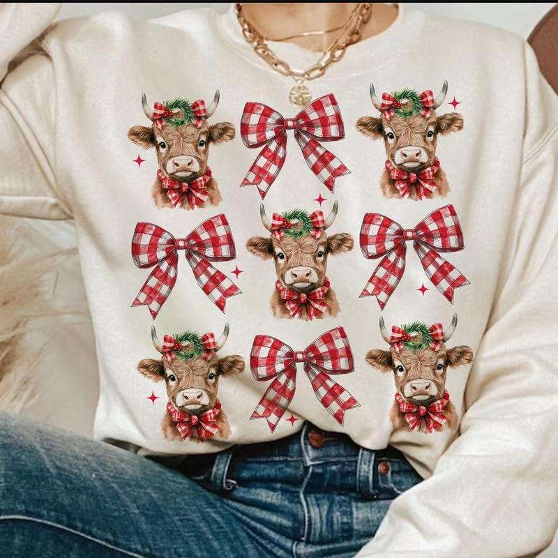 Christmas Coquette Highland Cow Sweatshirt, Western Christmas Shirt, Unisex Crewneck Sweatshirt & Shirt Cotton Fabric Hoodie