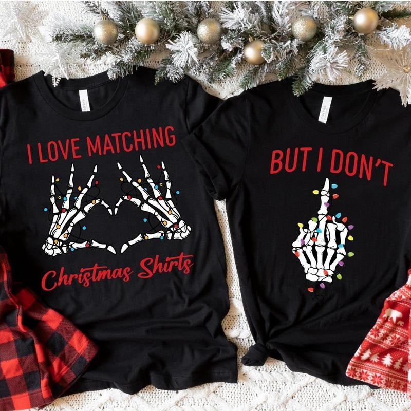 Christmas Couple Shirts, Funny Matching Husband Wife Tees, Skeleton Hand Holiday Top Hoodie, Sweatshirt | HypeDripTees.com