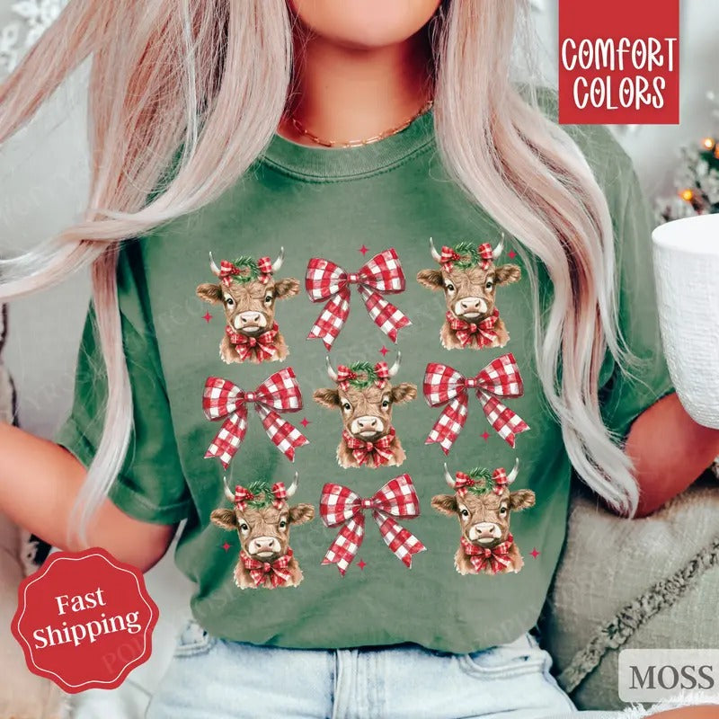 Christmas Cow Bow Shirt Comfort Colors Holiday Tshirt, Women's Holiday Tee Hoodie, Sweatshirt | HypeDripTees.com