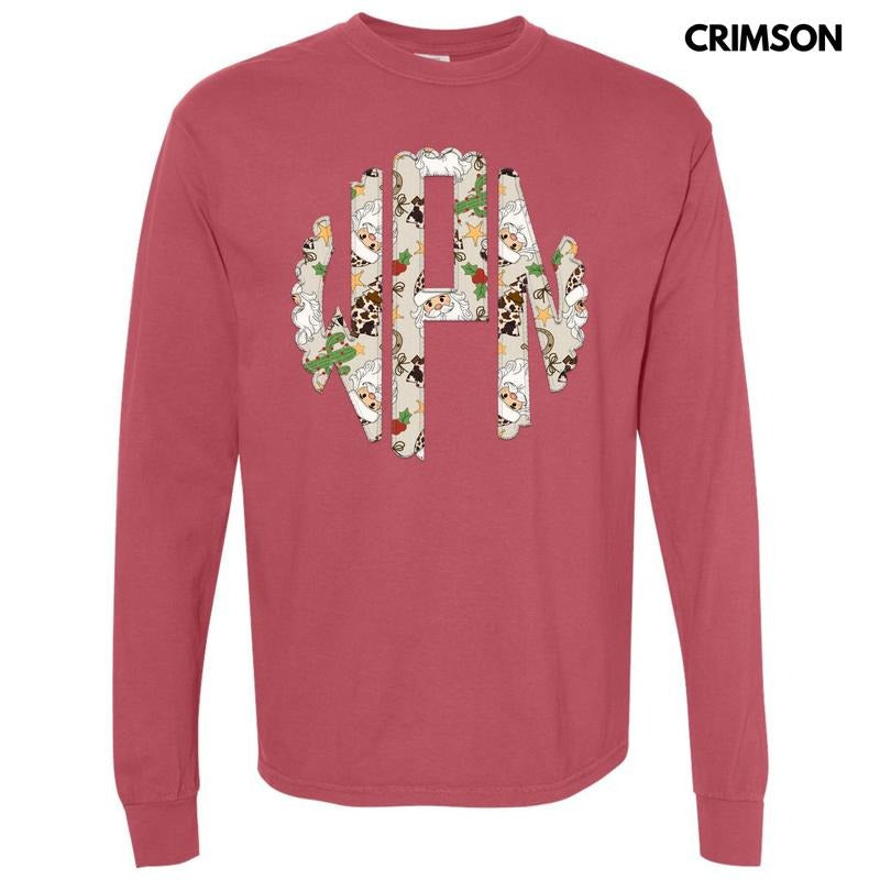 Christmas Cow Print Monogram Long Sleeve Comfort Colors T-Shirt 'NLB' Hoodie, Sweatshirt | HypeDripTees.com