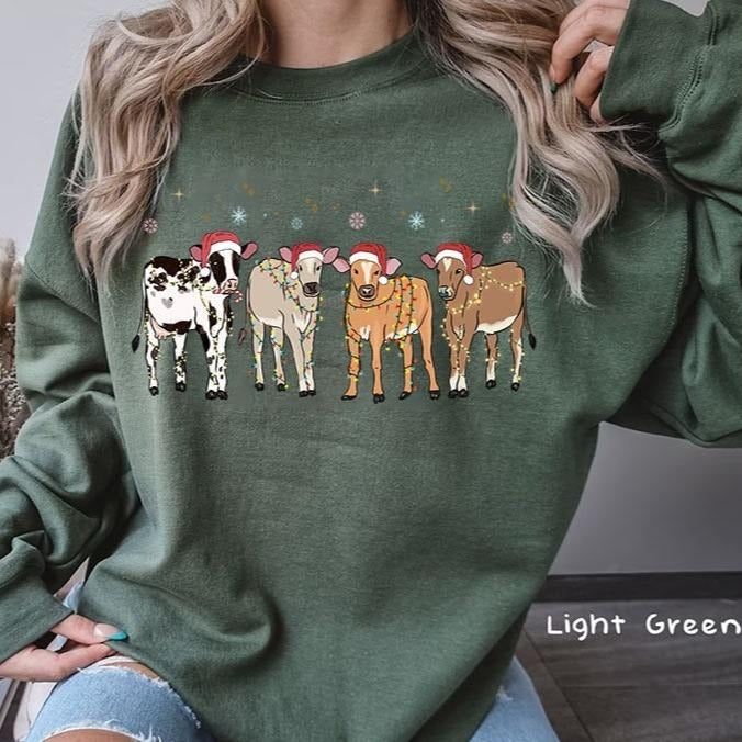 Christmas Cow Sweatshirt - Holstein Cow Lover T-Shirt, Western Christmas Lights Holiday Clothing, Unisex Hoodie