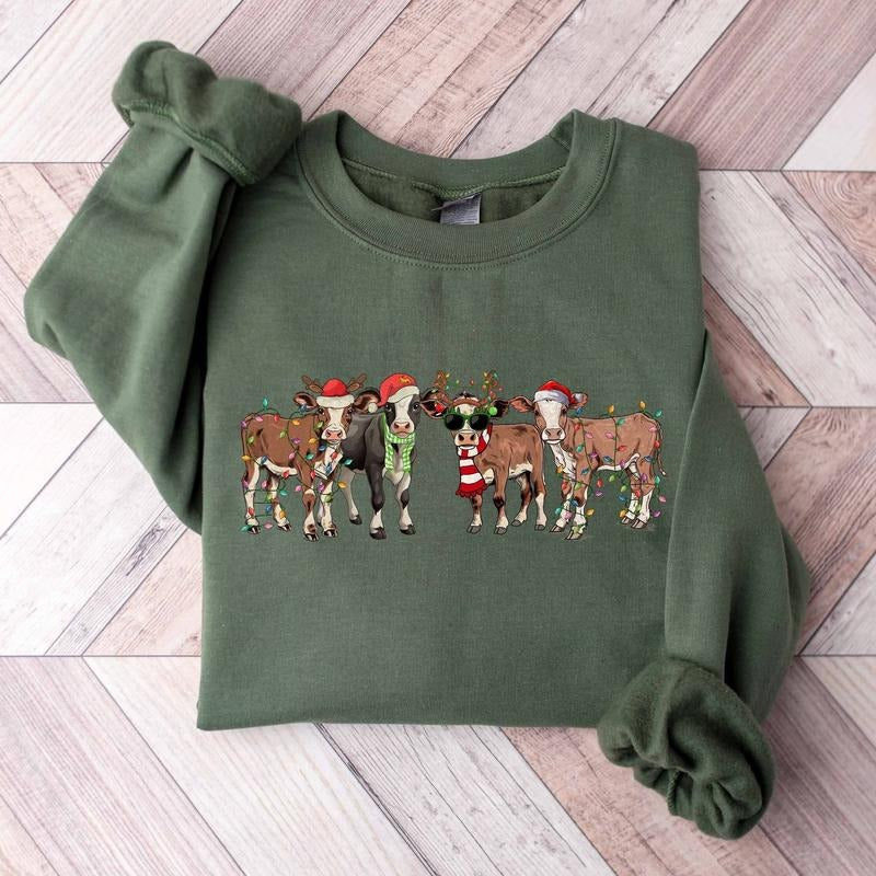 Christmas Cow Sweatshirt for Unisex, Cute Farm Christmas Shirt, Unisex Cotton Fabric Classic Crewneck Hoodie