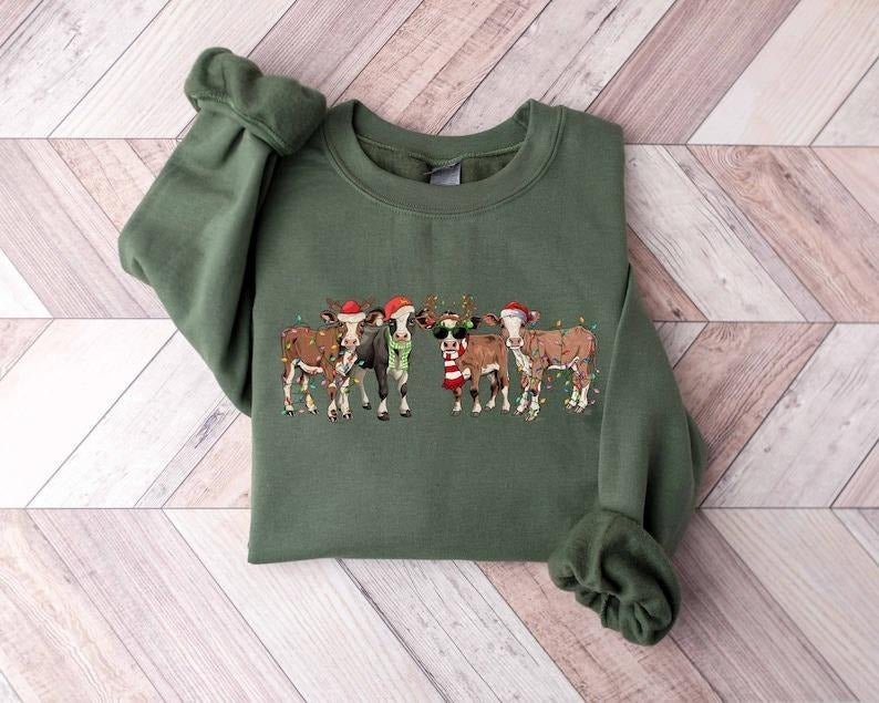 Christmas Cow Sweatshirt, Christmas Sweatshirt, Farm Christmas YouthShirt, Womens Christmas Sweatshirt, Cute Cow...