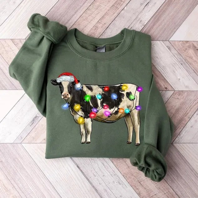 Christmas Cow Sweatshirt, Cow Lights Sweater, Cow Women Sweatshirt, Cow Lover Youth Shirt, Christmas Youthshirt, Highland...