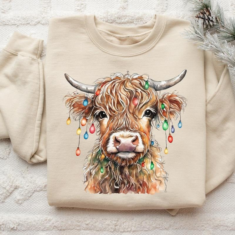 Christmas Cow Sweatshirt, Cow Lights Sweater, Cow Women Tshirt, Unisex Crewneck Sweatshirt & Shirt Hoodie | HypeDripTees.com