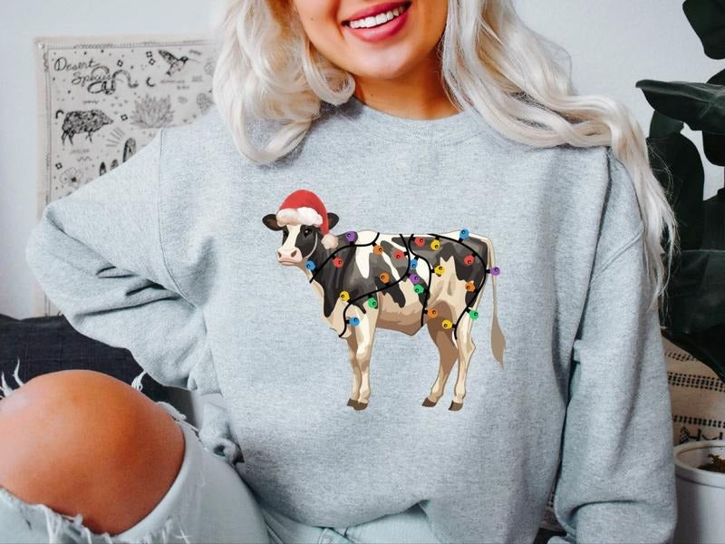 Christmas Cow Sweatshirt, Cow Lights Sweater, Merry Christmoos Hoodie, Animal X-mas Party Gift Sweatshirt, Western...