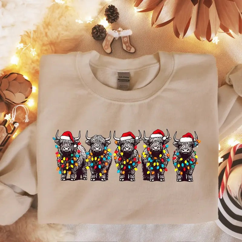 Christmas Cows Sweatshirt, Cow Lights Sweater, Cow Women Sweatshirt, Highland Cow Crewneck, Farm Animal Shirt Cotton...