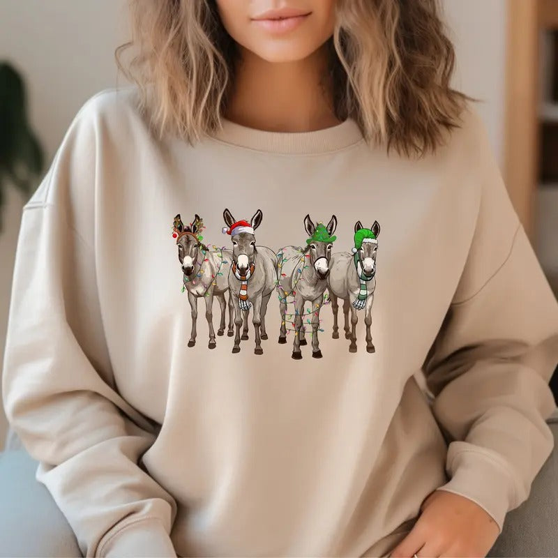 Christmas Donkey Sweatshirt, Farm Christmas Donkey Hoodie, Christmas Lights Shirt, Donkey Lover Gift,Christmas Season...