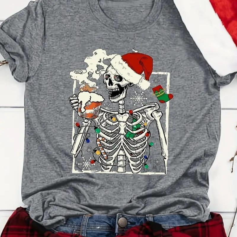 Christmas Drinking Skeleton Print T-shirt, Casual Short Sleeve Crew Neck Top, Women's Clothing Cotton Crewneck Hoodie,...