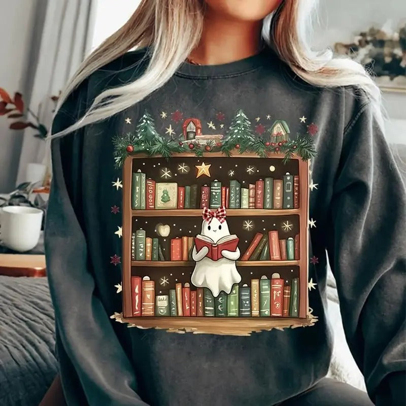 Christmas Ghost Book Sweatshirt, Ghost Book Nerd T-Shirt, Holiday Ghost Reading Book Shirt, Gift For Book Lovers Hoodie