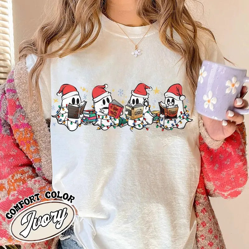 Christmas Ghost Reading, Halloween Cute Ghost Christmas Shirt, Acotar Book Shirt, Cute Spooky Ghost Christmas, Book Lover...