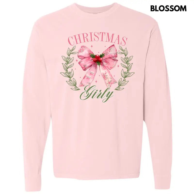 Christmas Girly Coquette Long Sleeve Comfort Colors T-Shirt 'NLB' Hoodie, Sweatshirt | HypeDripTees.com
