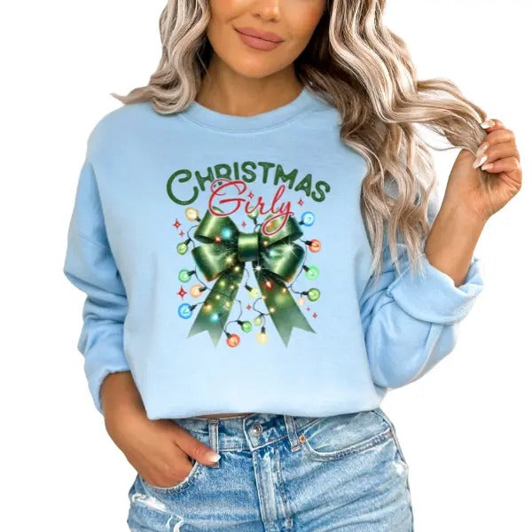 Christmas Girly Sweatshirt with Coquette Bow & Festive Lights | Cute, Playful, & Colorful Design Holiday Season | Perfect...