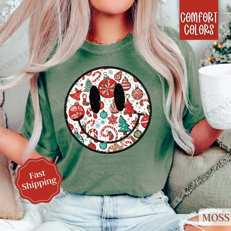 Christmas Happy Face Shirt Comfort Colors Holiday Tshirt, Women's Holiday Tee christmas shirt Hoodie, Sweatshirt