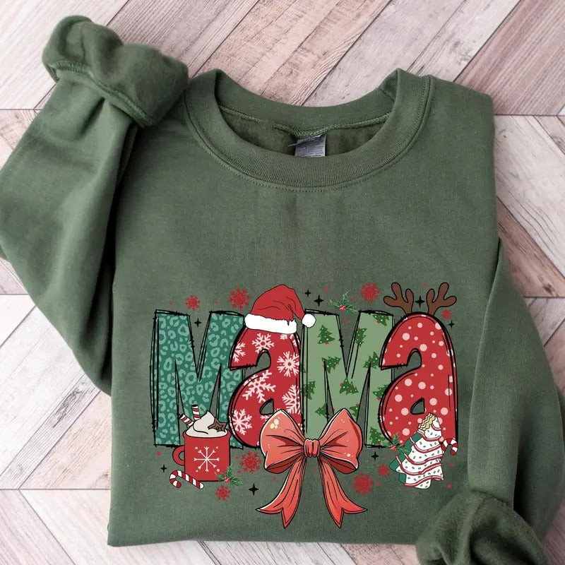 Christmas Mama Sweatshirt, Christmas Bow Mama Sweatshirt, Mama Sweatshirt , Cute Winter Cotton Crewneck T-Shirts, Hoodie