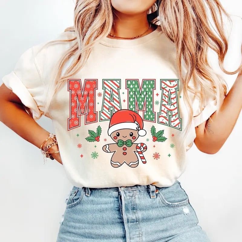 Mama Retro Gingerbread Mama Claus Merry Mama Tree Cake Mama Mini Candy Cane Cotton T-Shirts, Hoodie, Sweatshirt