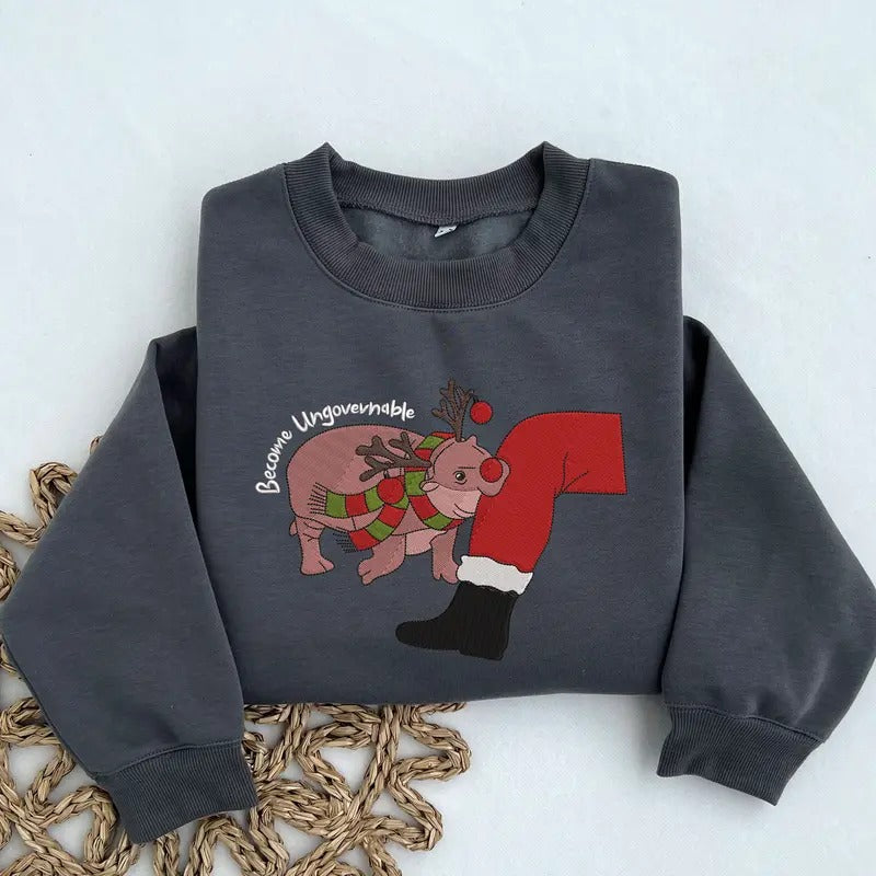 Christmas Moo Deng Embroidered Sweatshirt, Funny Hippo Moo Deng Sweatshirt, Christmas Gift T-Shirts, Hoodie