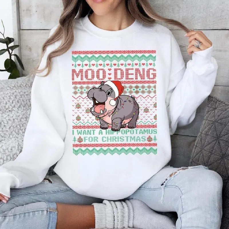 Christmas Moo Deng Shirt, I Want A Hippopotamus For Christmas Shirt,  Womenswear Hoodie Sweatshirt | HypeDripTees.com