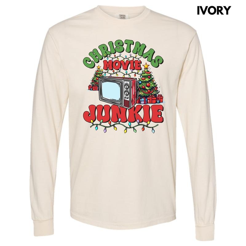 Christmas Movie Junkie Long Sleeve Comfort Colors T-Shirt 'NLB' Hoodie, Sweatshirt | HypeDripTees.com