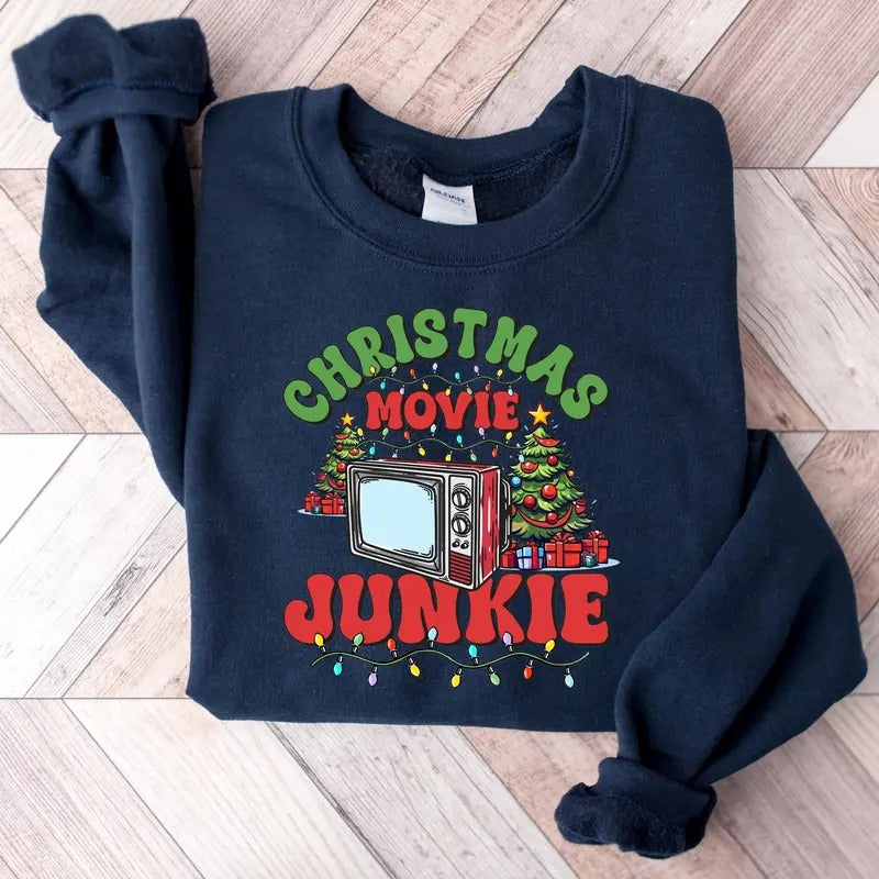 Christmas Movie Junkie Sweatshirt, Xmas 2024 Gift, Family Christmas Shirt, Christmas Sweater Casual Cotton Fabric...