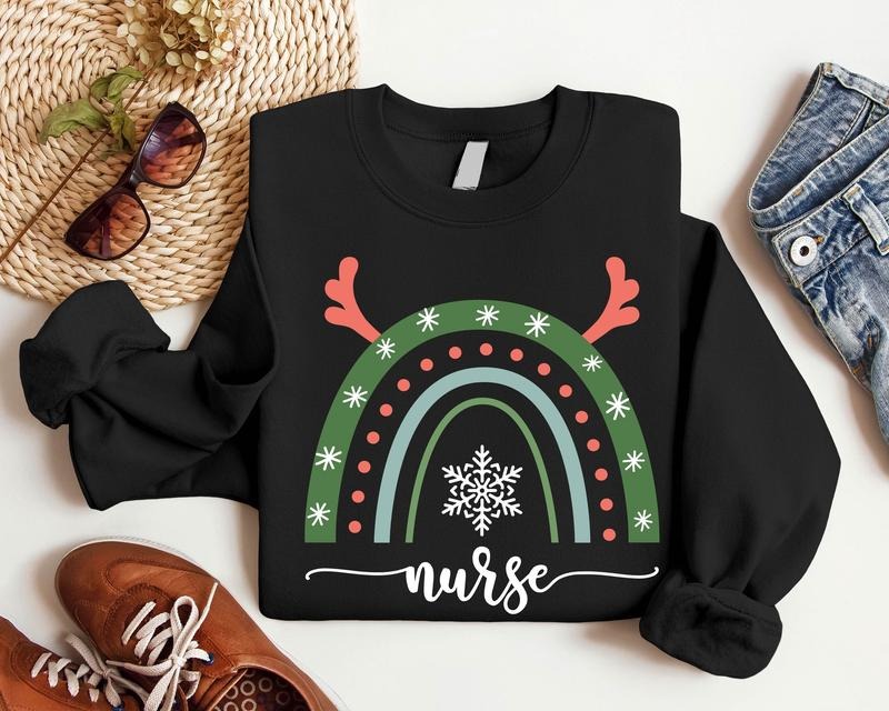 Christmas Nurse Sweatshirt, Rainbow Nurse Xmas Sweater, Cute Nurse Holiday Hoodie, Xmas Nursing School Crew Sweatshirt,...