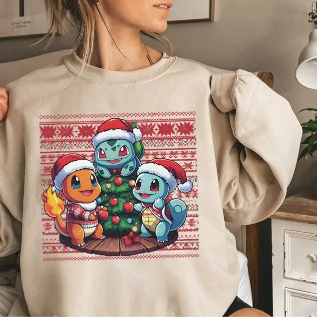 Christmas PKM Sweatshirt, Christmas Shirts for Anime Lovers,  Bulbasaur, Charizard, Turtle Hoodie | HypeDripTees.com