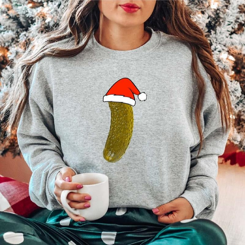 Christmas Pickle Sweatshirt, Xmas Celebration Sweater, Funny Vegetable Hoodie, Unisex Pickle Cucumber Lover Gift Long...