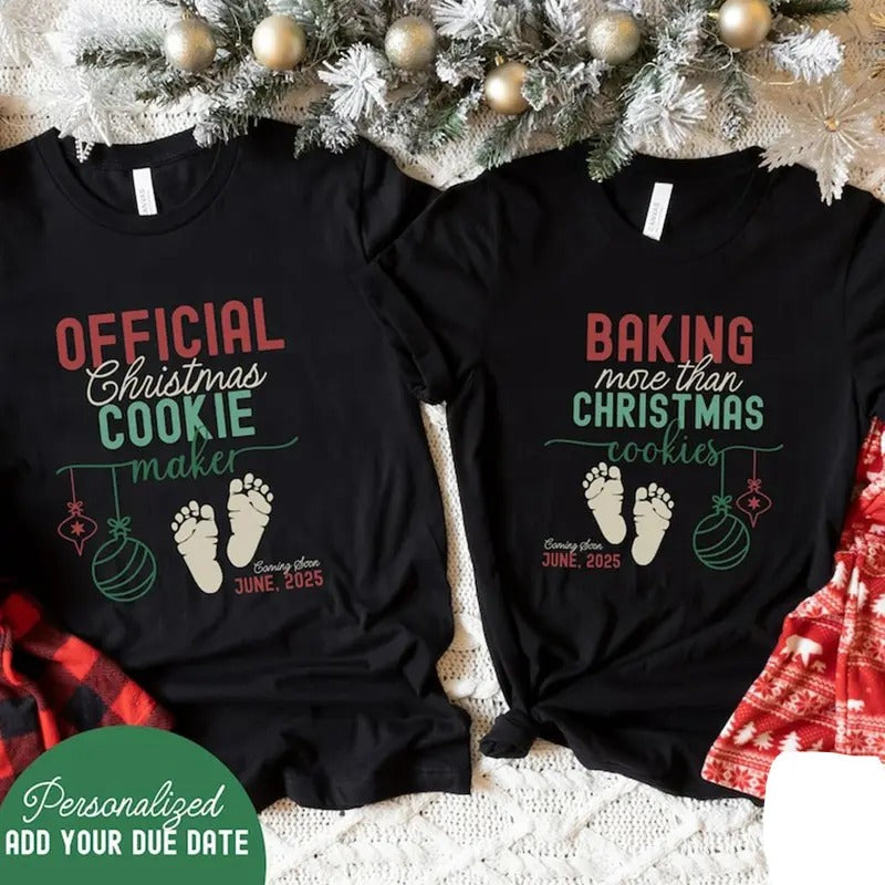 Christmas Pregnancy Announcement Shirt Couple, Baking More than Cookies Personalized Holiday Pregnancy Reveal, Funny...