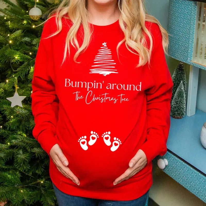 Christmas Pregnancy Announcement Sweatshirt, Twins Bumpin Around the Christmas Tree Maternity Jumper, Funny Twin Baby...