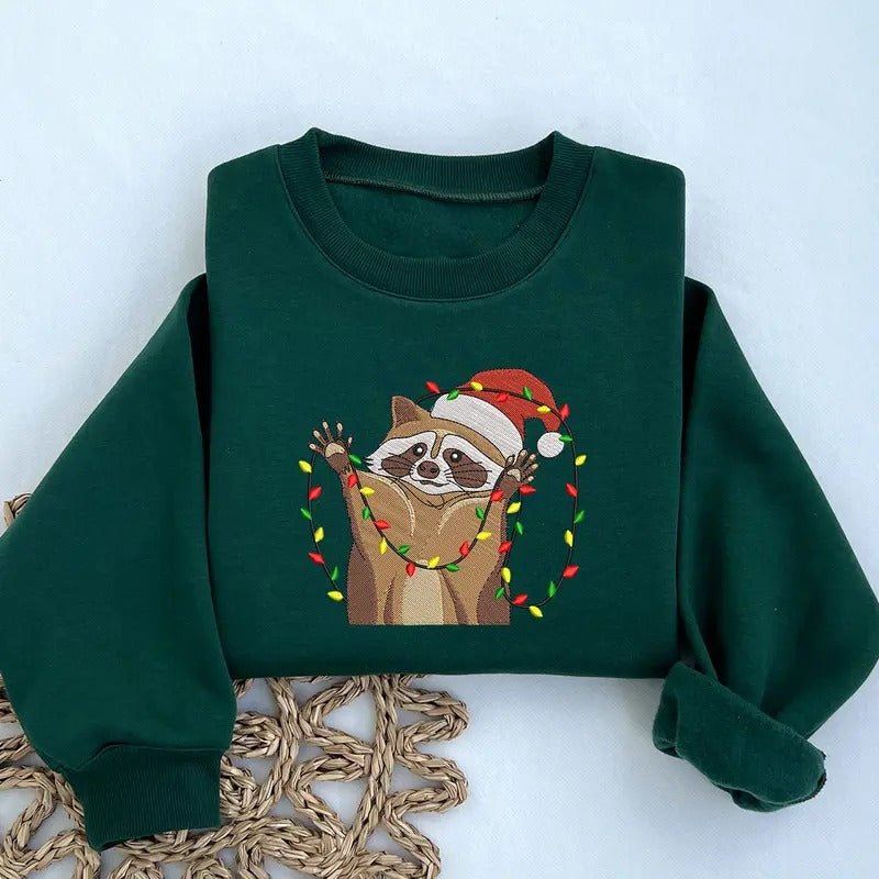 Christmas Raccoon Embroidered Sweatshirt, Christmas Raccoon Crewneck, Christmas Animal Sweatshirt, Sweater for Animal...