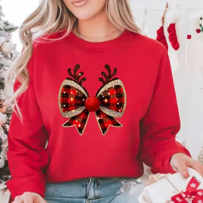 Christmas Reindeer or Mrs Claus Holiday Bow Crewneck Sweatshirt Casual Comfort Winter Pullover T-Shirts, Hoodie