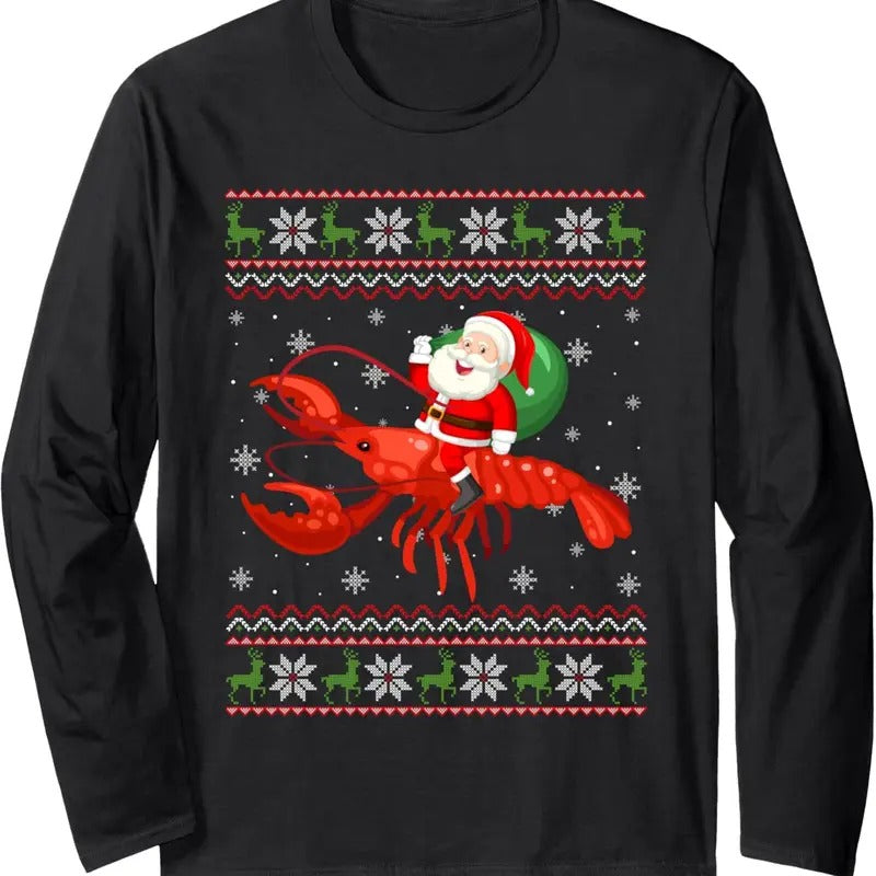 Christmas Santa Riding Lobster Funny Ugly Xmas Sweater Long Sleeve T-Shirt Hoodie, Sweatshirt | HypeDripTees.com