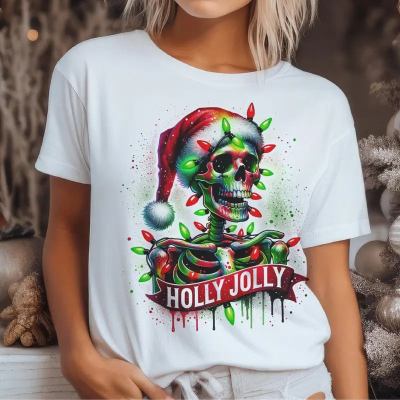 Christmas Skull Sweatshirt Holly Jolly Skull Tshirt Just Waiting for Christmas Skeleton Sweatshirt Santa Skull Floaty...
