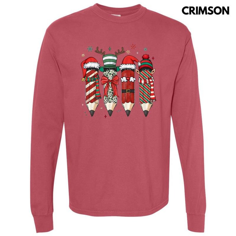 Christmas Teacher Pencils Long Sleeve Comfort Colors T-Shirt Hoodie, Sweatshirt | HypeDripTees.com