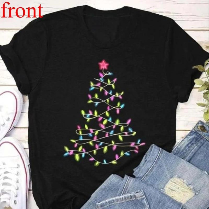 Christmas Tree Print T-Shirt, Casual Short Sleeve Round Neck Top, Women's Loose-Fit Kint Fabric, Fall & Winter Fashion...