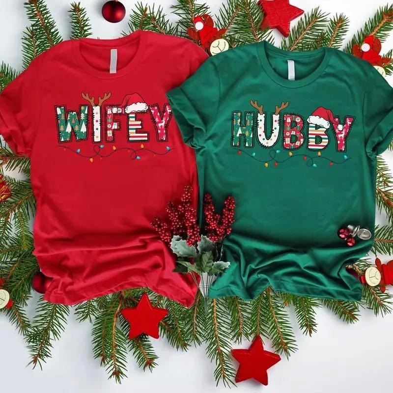 Christmas wife and husband t-shirt, cute matching couple tee for family holiday outfits. Perfect Xmas gift idea for hubby...