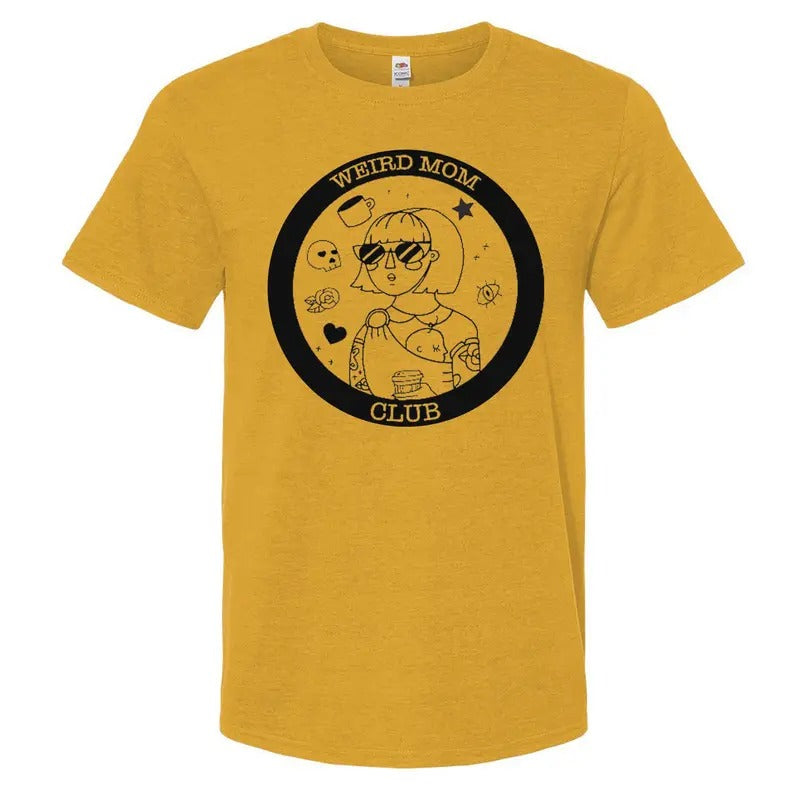 Circle Weird Mom Club Logo on a mustard or gold shirt. Hoodie, Sweatshirt | HypeDripTees.com