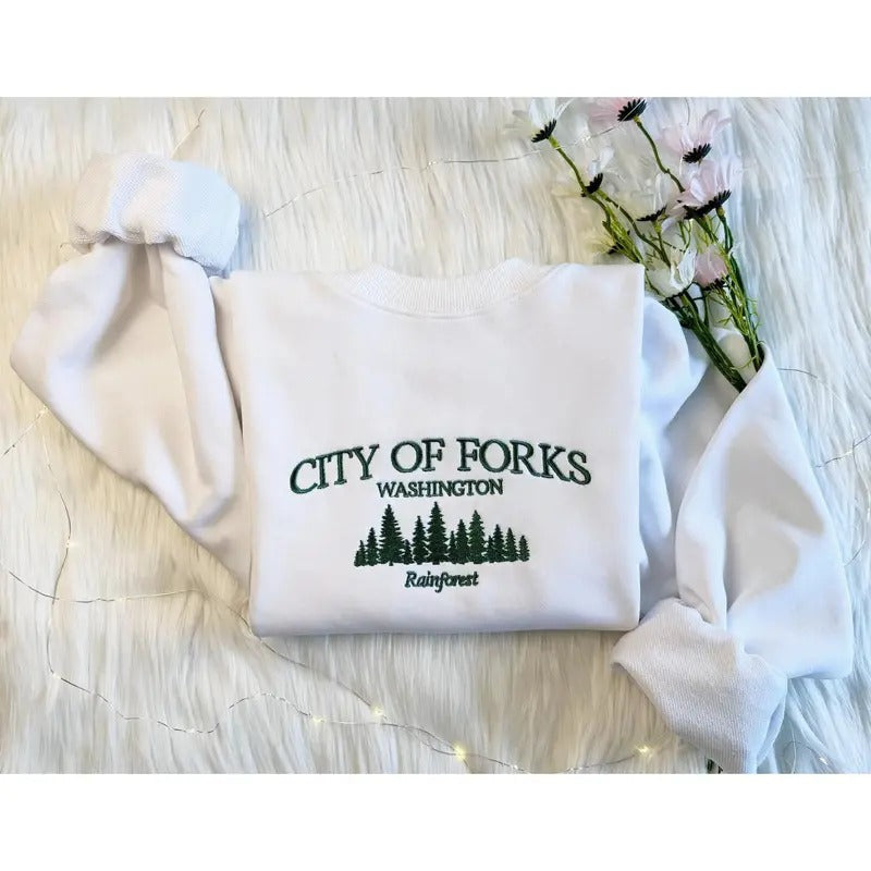 City of Forks Embroidered Sweatshirt | Washington Embroidered Hoodie | City Of Forks Washington Sweater | Forrest Crew...