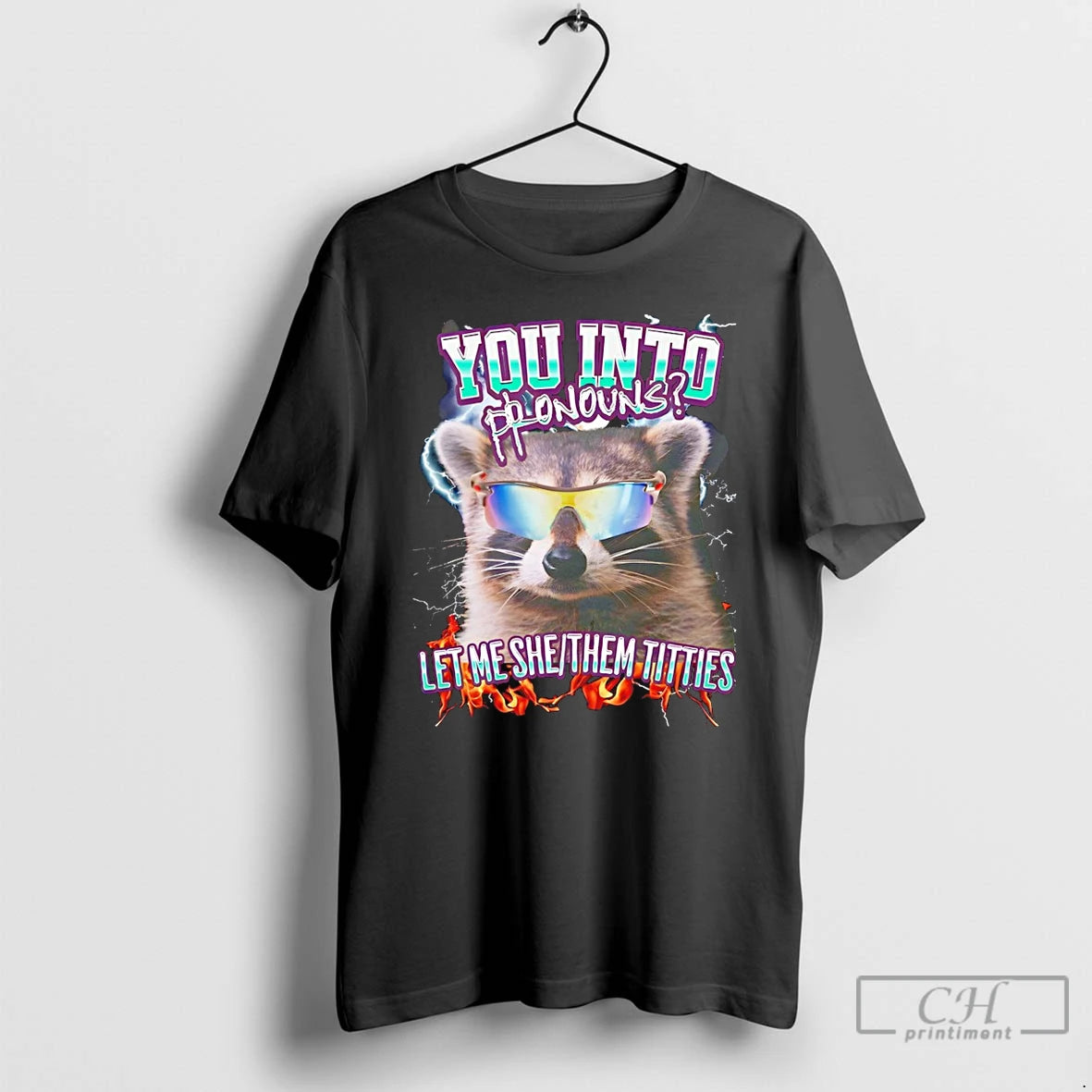 Classic Funny Raccoon You Into Pronouns Let Me She Them Titties T-Shirts, Hoodie, Sweatshirt | HypeDripTees.com