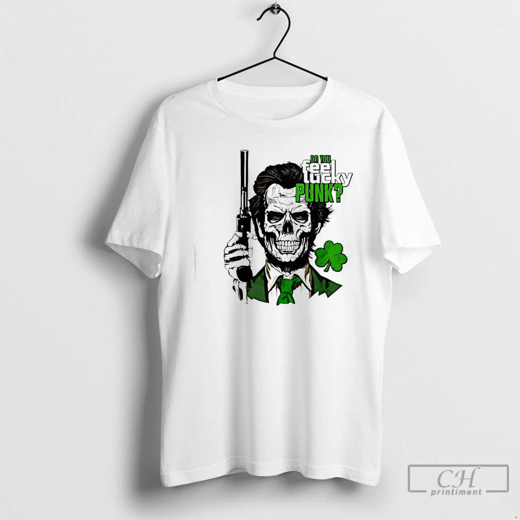 Classic Skull Holding Gun Do You Feel Lucky Punk Shamrock
