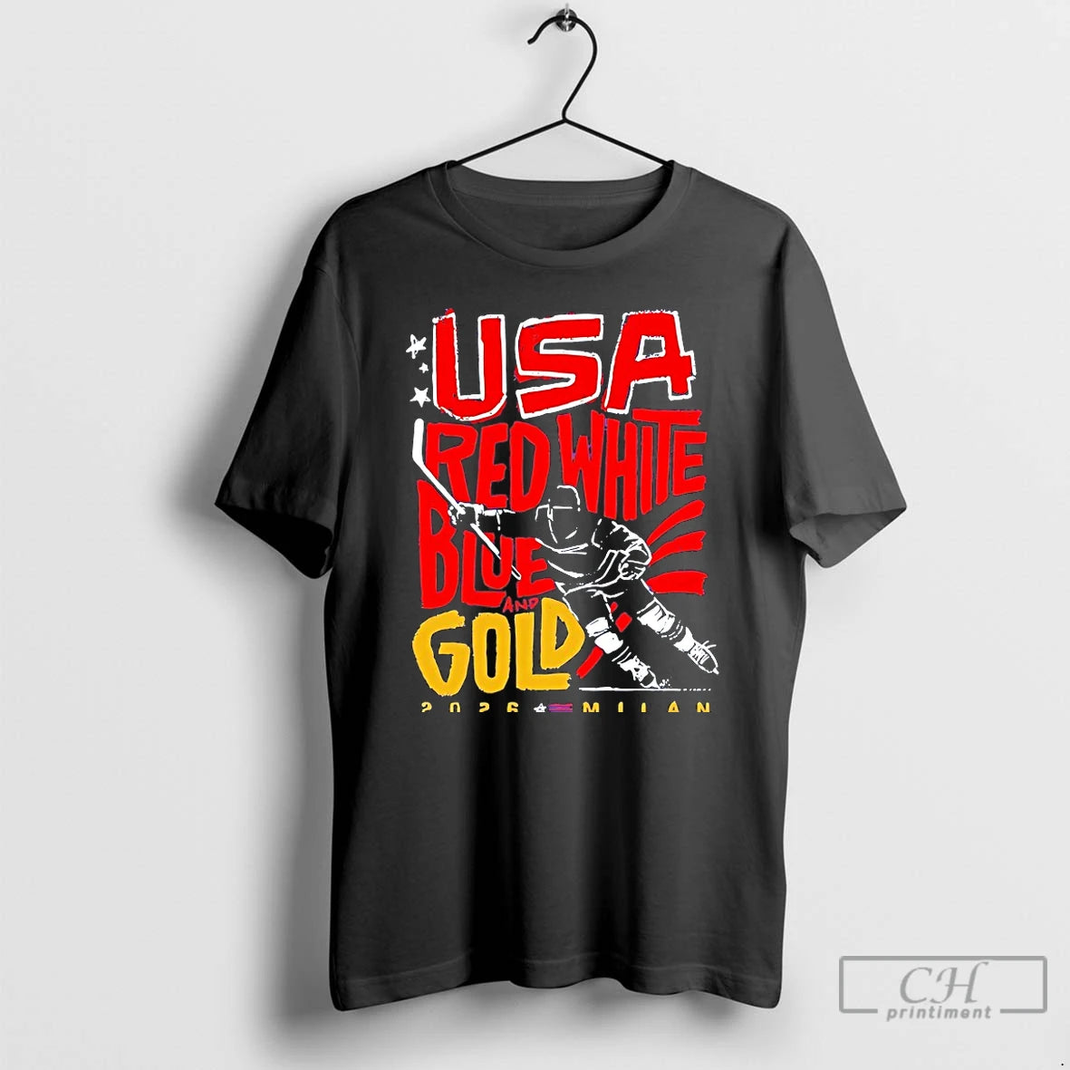 Classic Usa Hockey Red White Blue And Gold Milan 2026 T-Shirts, Hoodie, Sweatshirt | HypeDripTees.com