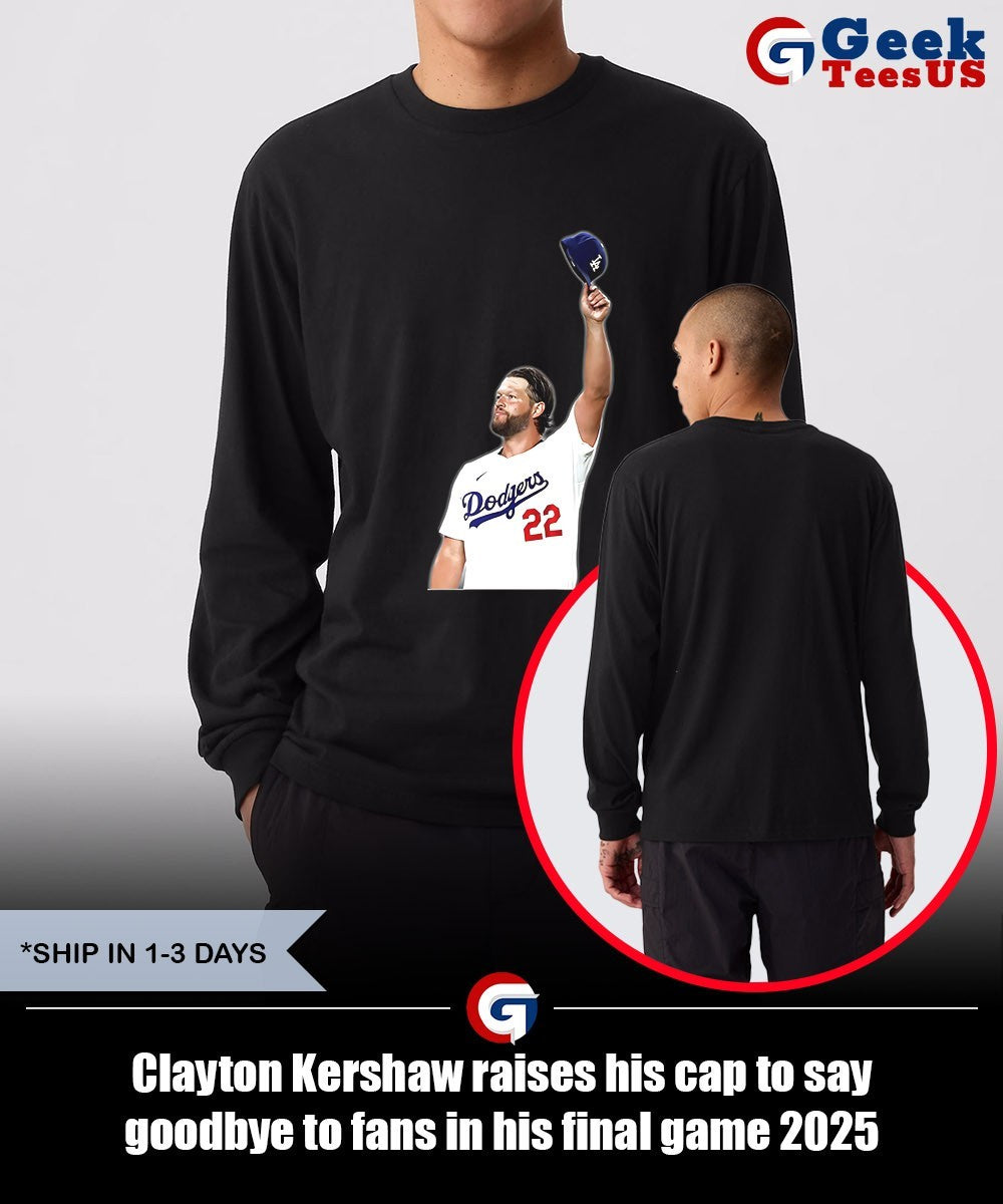 Clayton Kershaw raises his cap to say goodbye to fans in his final game 2025 shirt