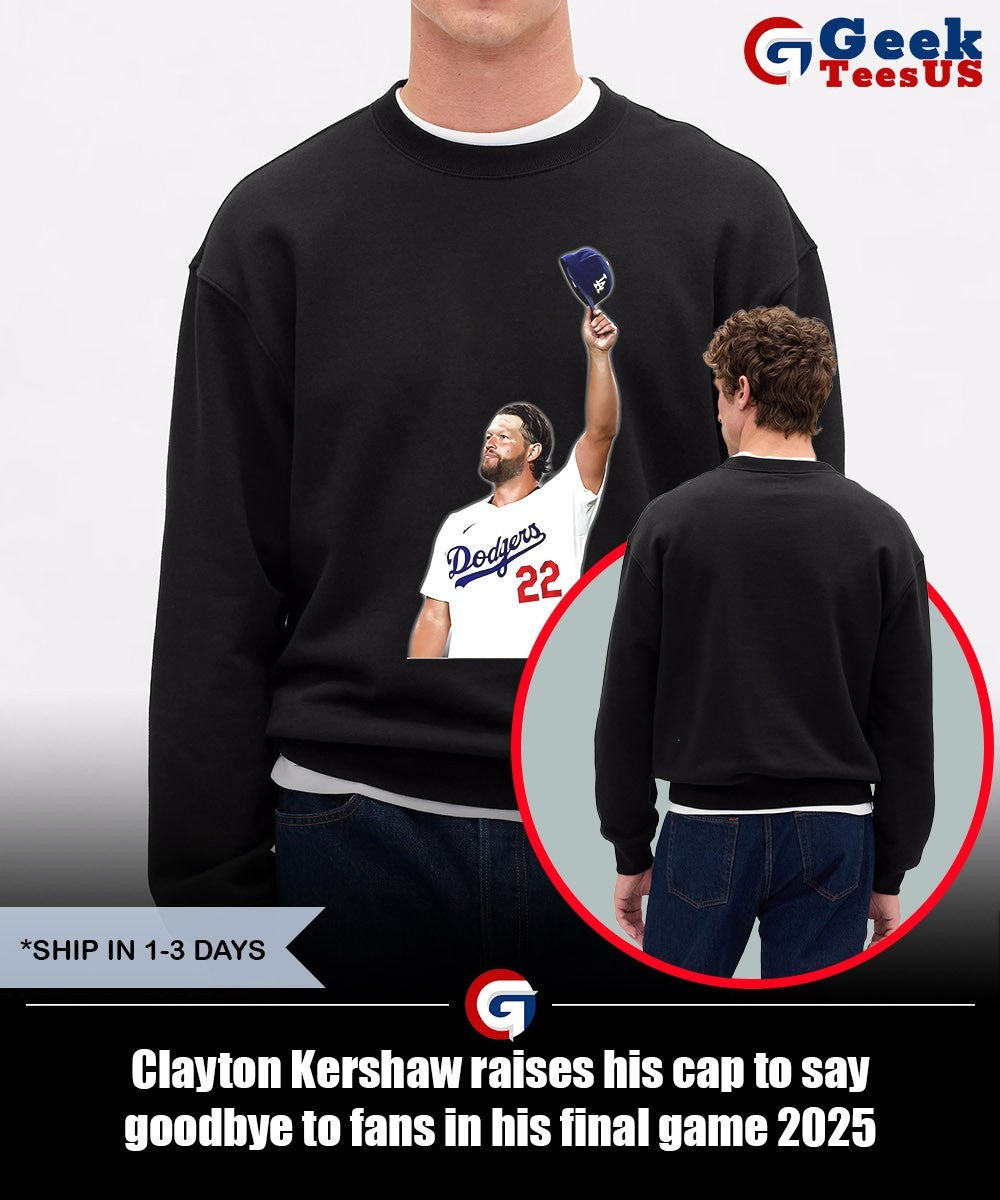 Clayton Kershaw raises his cap to say goodbye to fans in his final game 2025 shirt