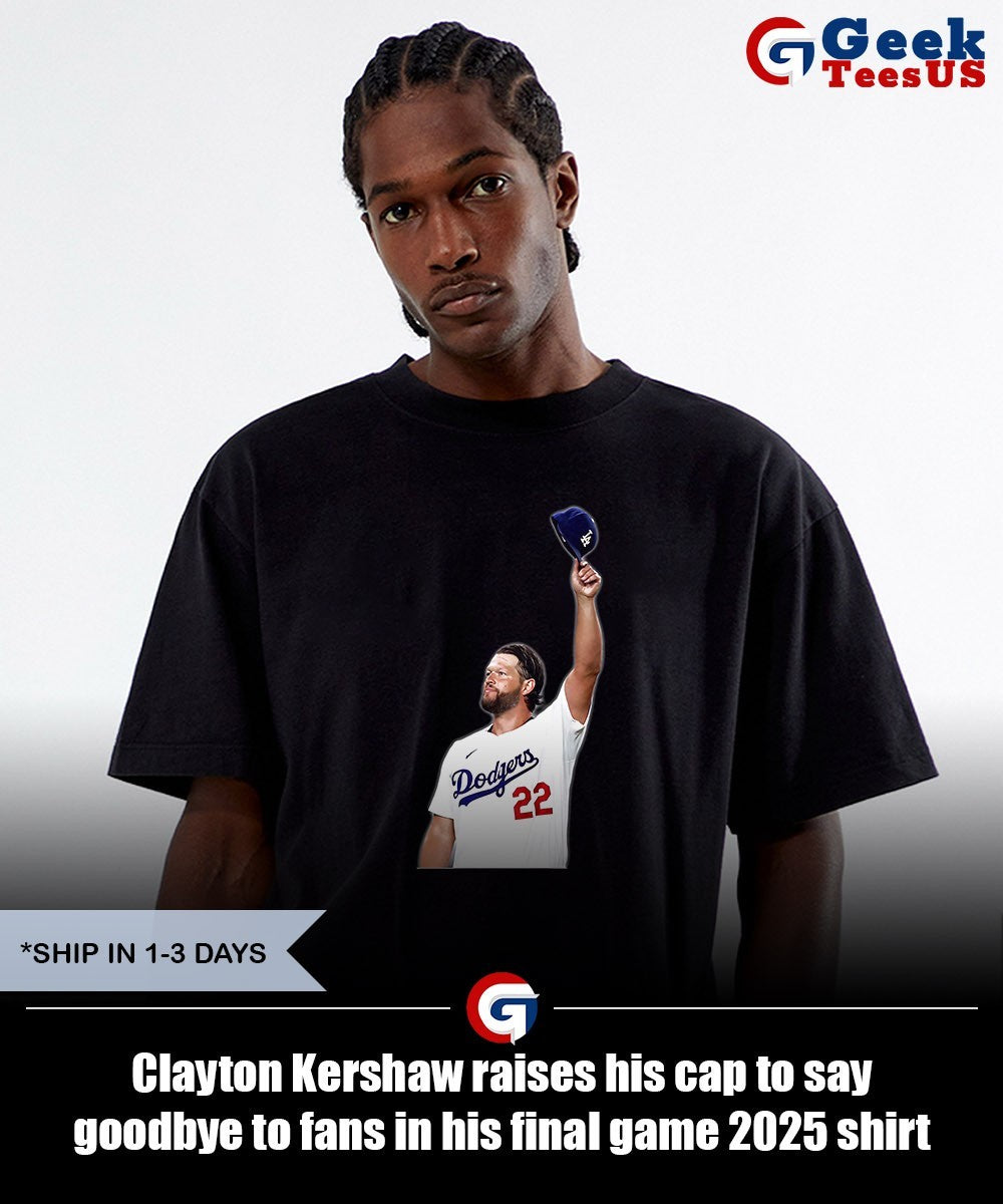 Clayton Kershaw raises his cap to say goodbye to fans in his final game 2025 shirt